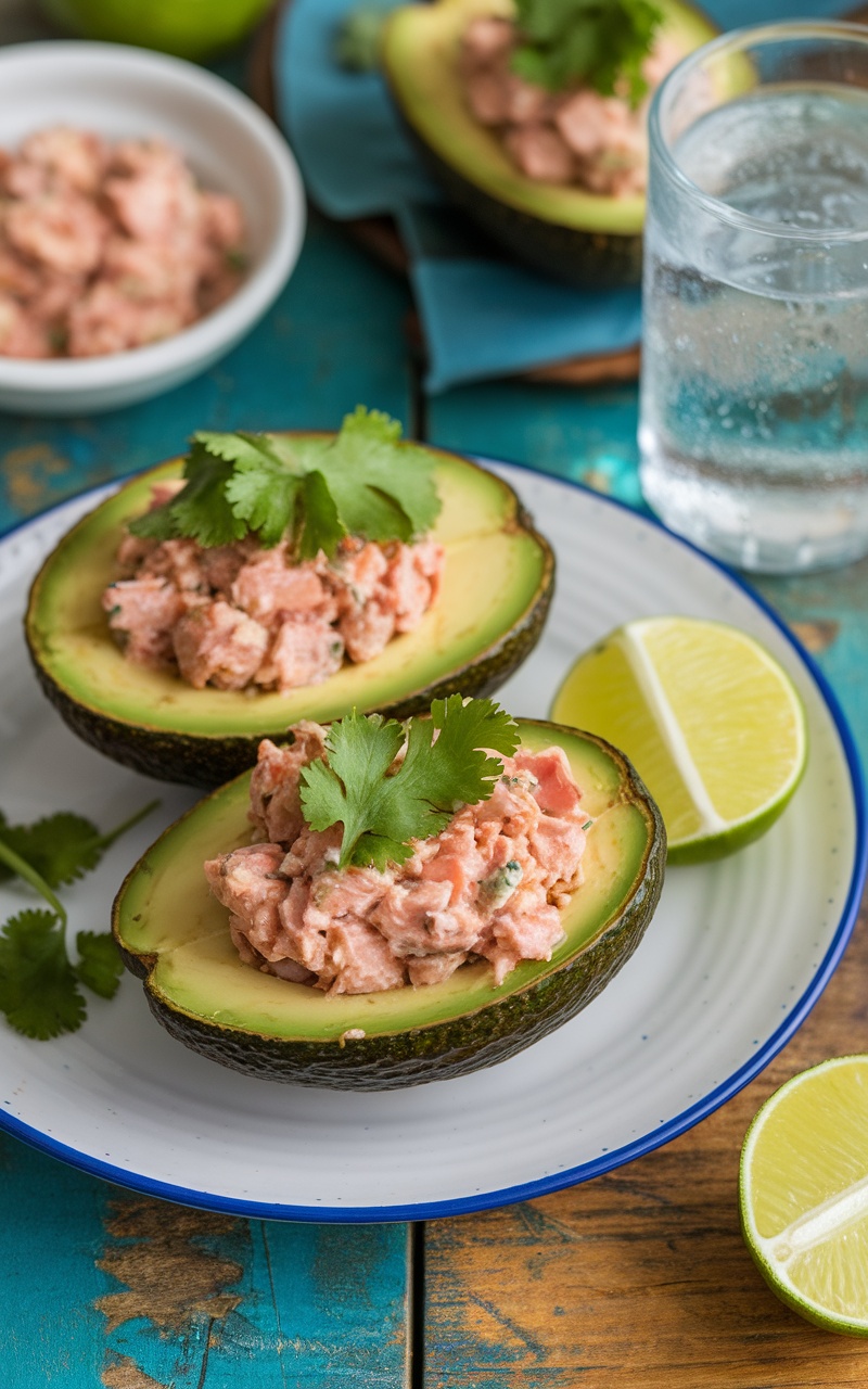 Tuna stuffed avocados garnished with cilantro and lime on a rustic wooden table.
